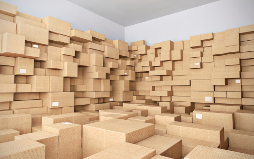 Warehouse with many cardboard boxes